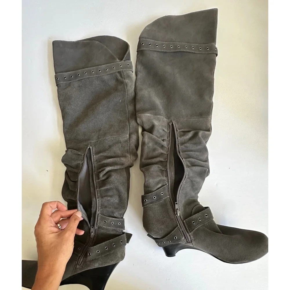 Y2K Naughty Monkey Over The Knee Suede Wedge Boots Gray Grommet Buckle 8